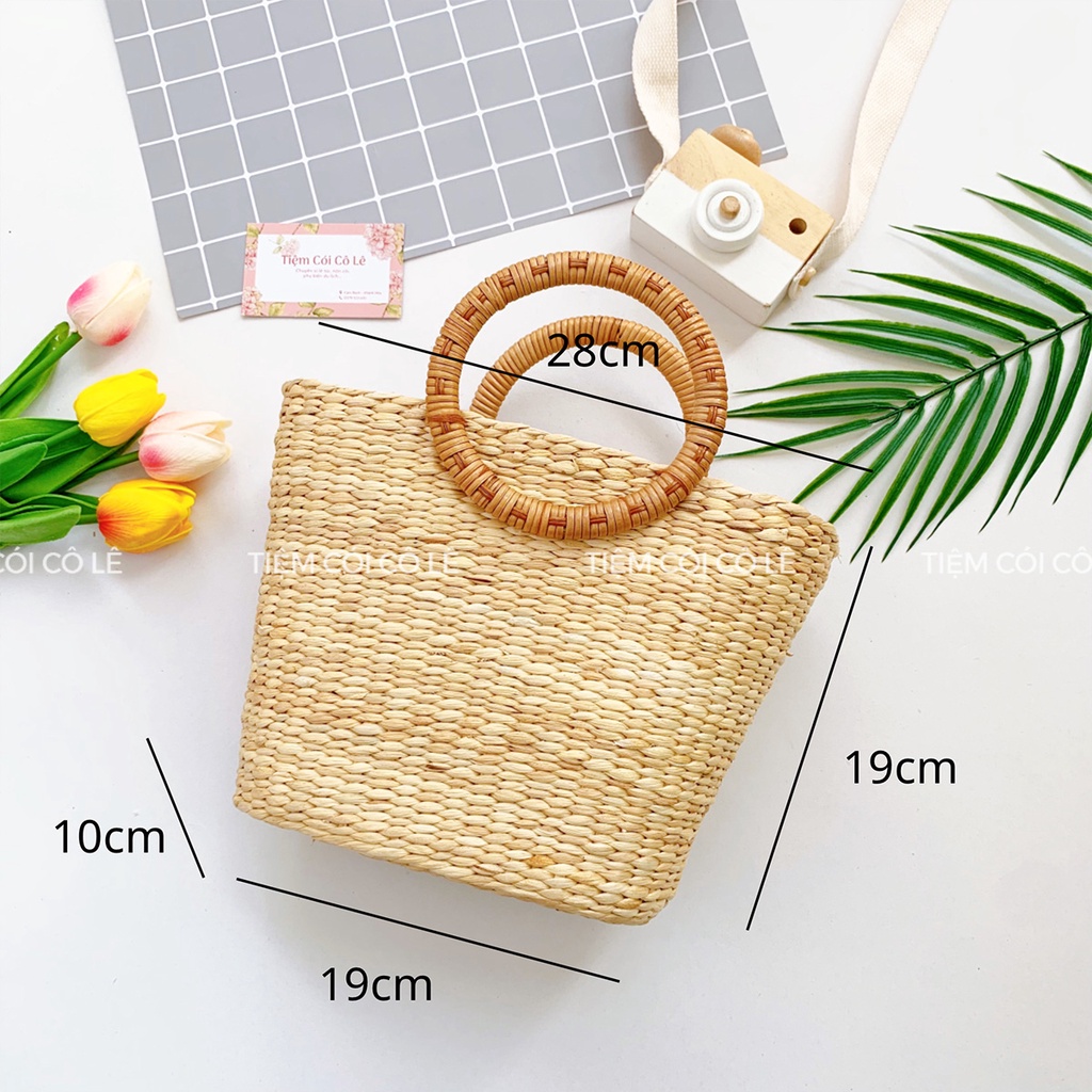 Túi lục bình mắt na đính nơ ruy băng màu kem - Tiệm Cói Cô Lê