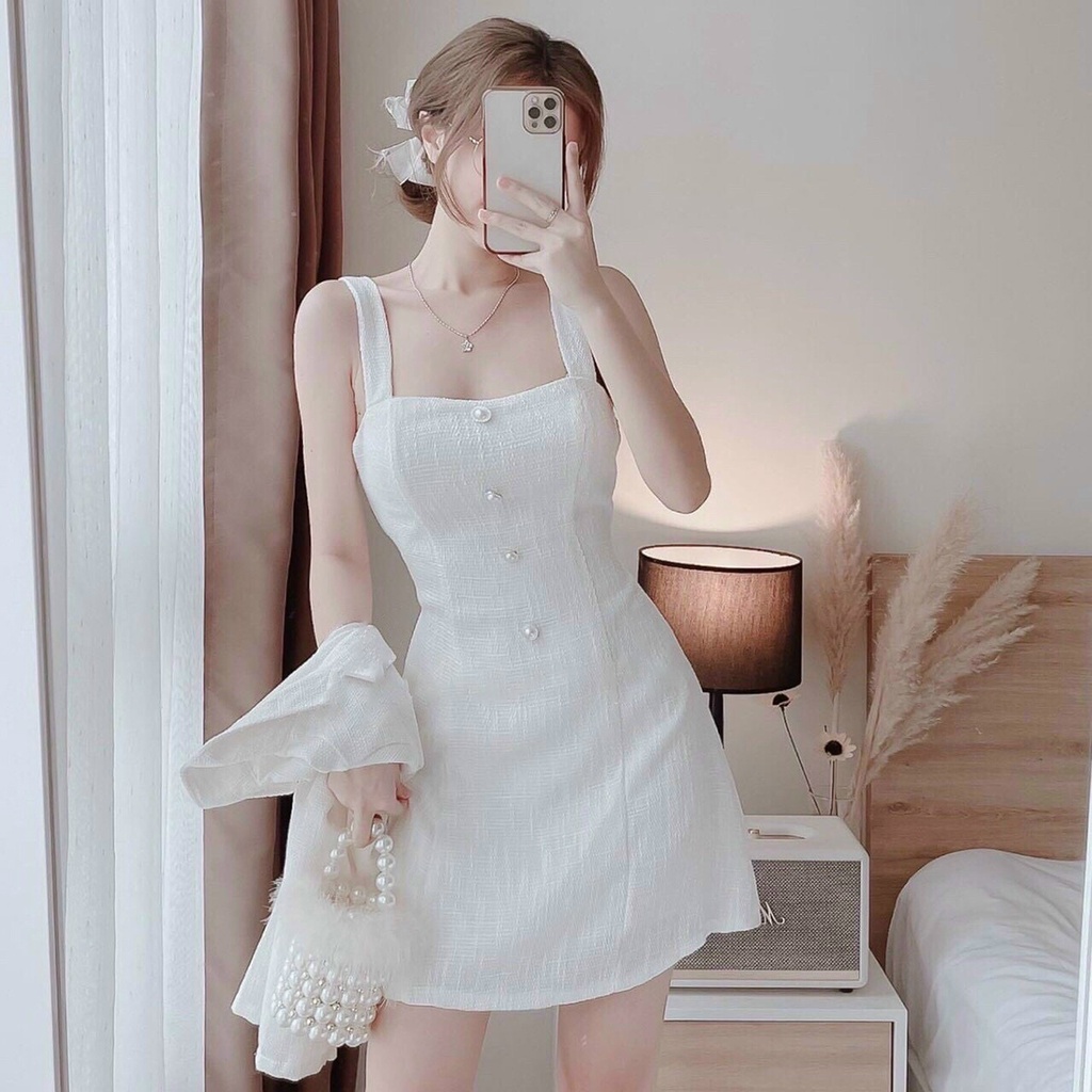 Set dạ set đầm set đồ nữ áo 2 dây với áo khoác phối cúc dễ thương cá tính sáng da QD M01