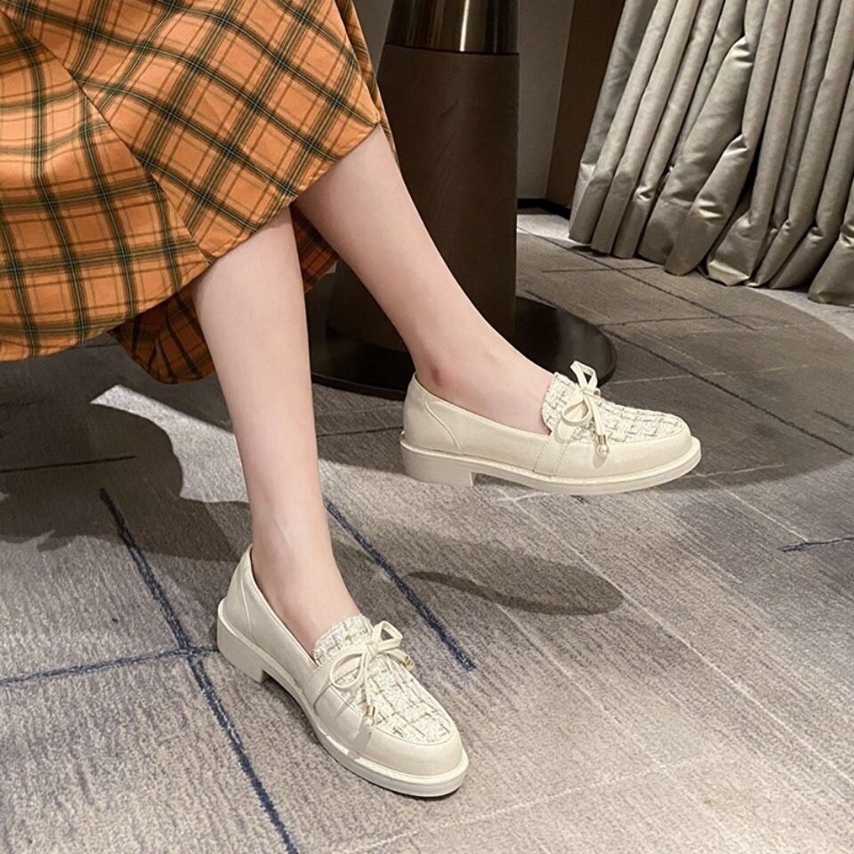 Giày búp bê phối vải dạ cột dây nơ đế 2.5cm G092