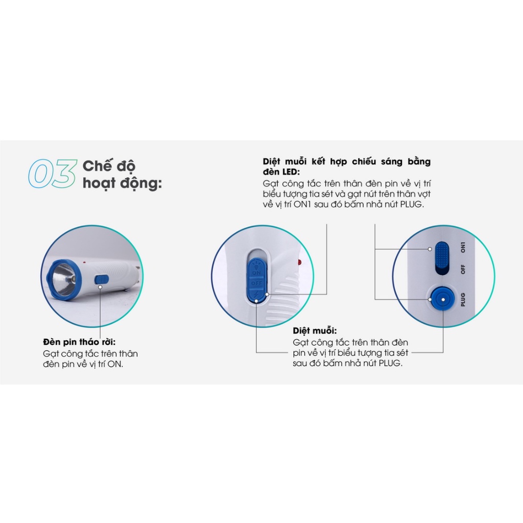 Vợt bắt muỗi điện tử Rạng Đông tích hợp 2 trong 1: vợt bắt muỗi và đèn pin VBM RD.02