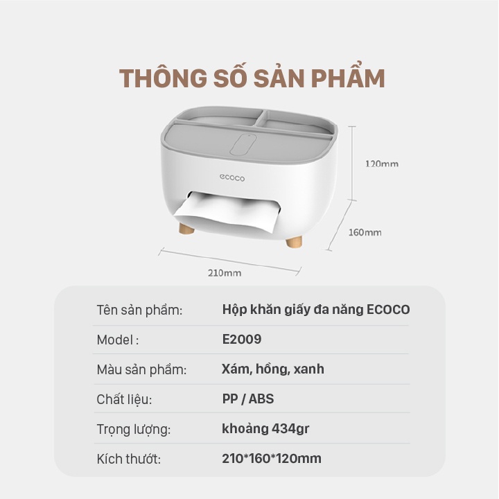 Hộp giấy ăn để bàn đa năng ECOCO 2 ngăn để điện thoại, mỹ phẩm, phụ kiện, nhựa PP an toàn sức khỏe E2009