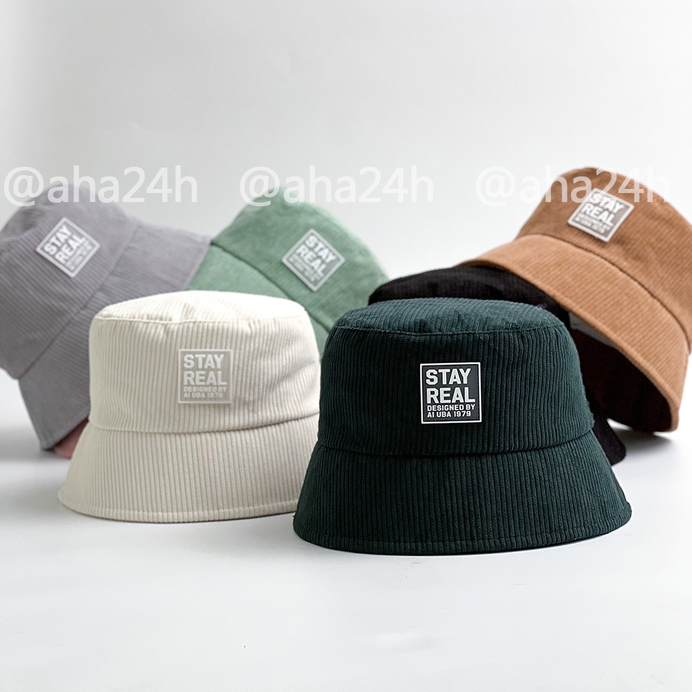 Mũ Bucket nhung tăm thêu chữ STAY REAL thời trang nón tròn nam nữ đẹp AH1660