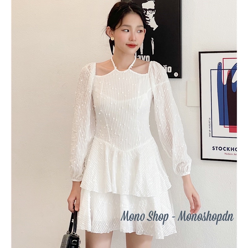 Đầm cổ yếm voan ren hạt tiểu thư dài tay 2 tầng tay bồng Ảnh thật/ sẵn | BigBuy360 - bigbuy360.vn