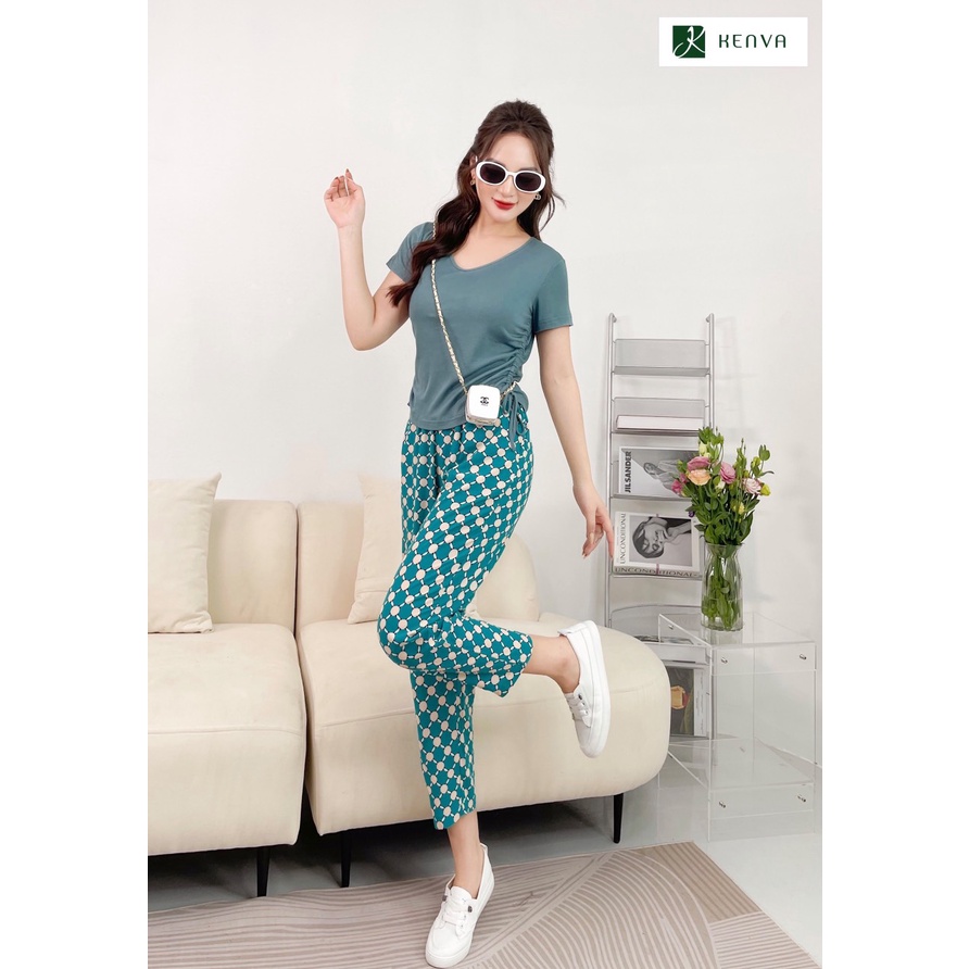 Bộ đồ mặc nhà Kenva, Set tách rời bộ đồ mặc nhà, đi chơi áo thun cộc trơn cổ tim rút chun, quần lanh thổ cẩm độc đáo