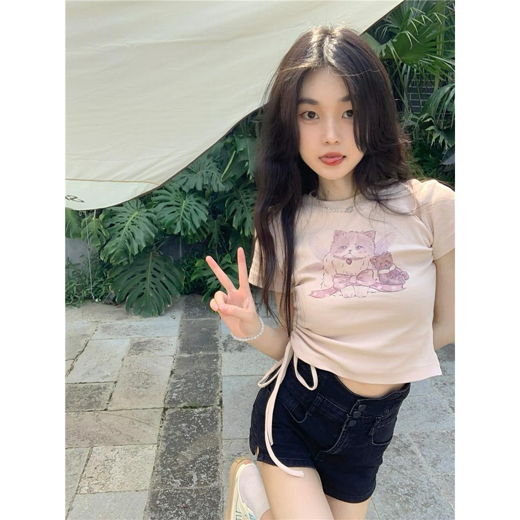 Áo Thun Tay Ngắn Rút Dây In Hình Mèo Phong Cách Mới 63138