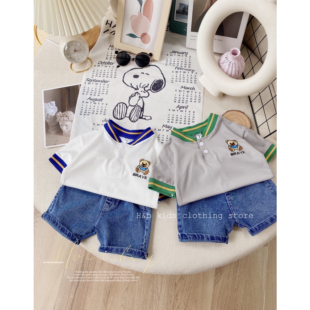 Set áo cổ dệt thêu gấu BRAVE bé trai