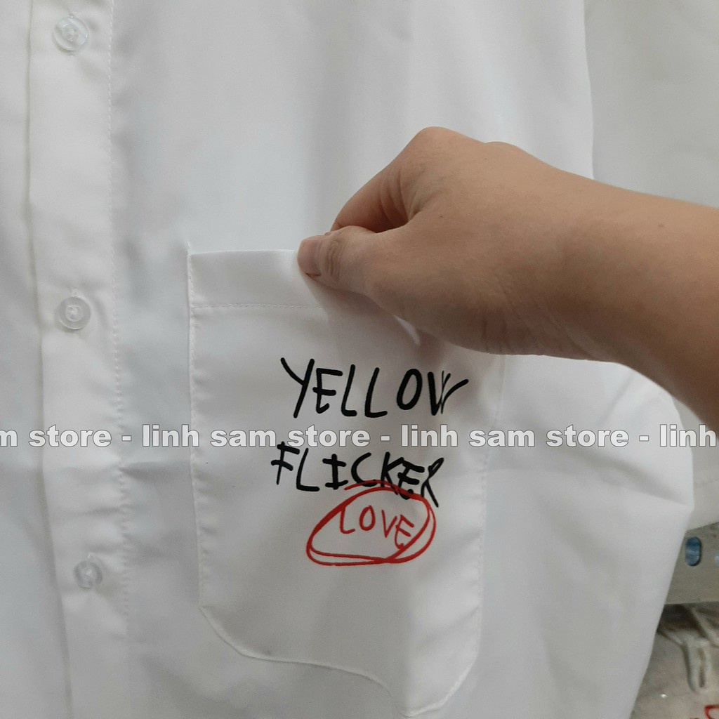 Áo sơ mi nữ cổ bẻ có túi tay lỡ dáng ulzzang freesize form rộng unisex in chữ yellow flicker LOVER