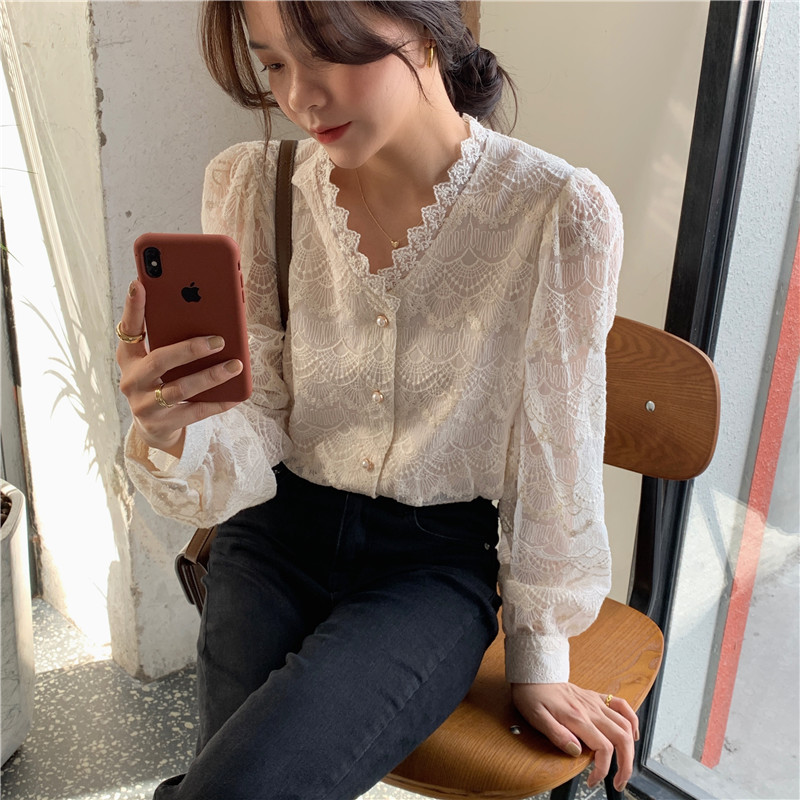 38821 Chic embroidery crochet  bottoming lace shirt women top