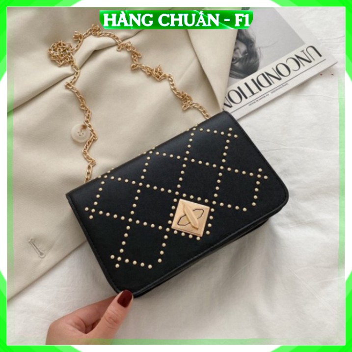 [Nhập Khẩu - FreeShip] Túi xách Túi đeo chéo nữ Da PU đính đá Khóa vuông Màu trắng tím đen Cao cấp công sở đi làm dự tiệ