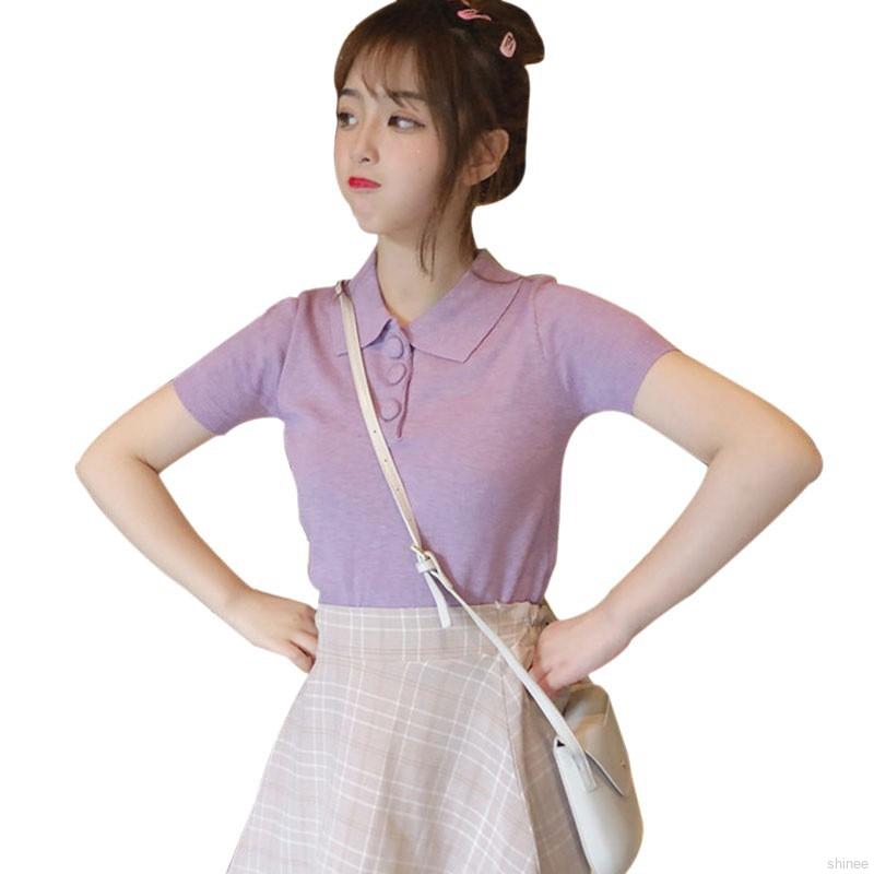 Áo thun polo nữ dệt kim tay ngắn màu kẹo ngọt | BigBuy360 - bigbuy360.vn