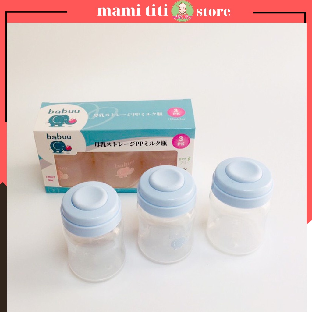 Bình trữ sữa, Bộ trữ sữa 3 bình cổ rộng Babuu Baby Nhật Bản 120ml