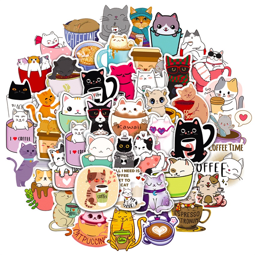 ❉ Mèo &amp; Cà Phê - Loạt Thời Gian Cà Phê 01 Nhãn Dán ❉ Bộ 50 Sticker Chống Thấm Nước Họa Tiết Doodle Hợp Thời Trang