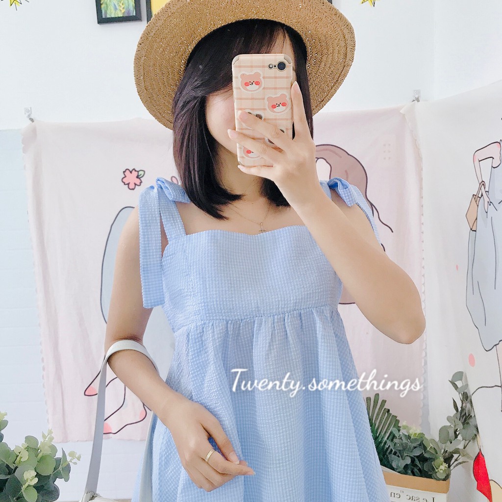 Set Áo Babydoll Kẻ Xanh + Quần Shorts (ảnh thật/sẵn/video)
