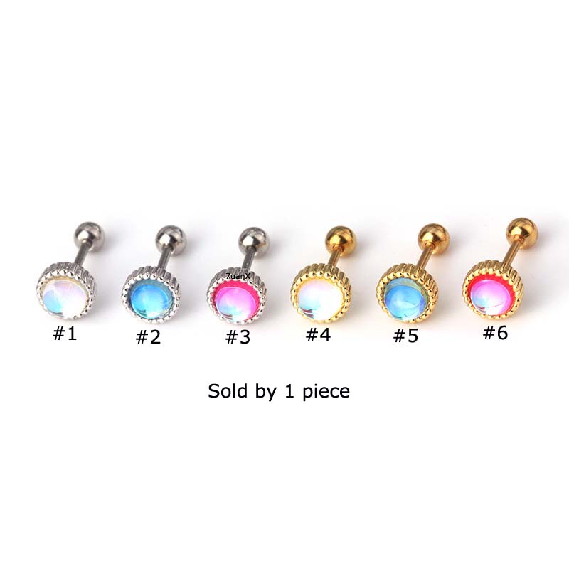 Khuyên tai đơn mặt tròn đính đá nhân tạo thép không gỉ dài 6mm 20G