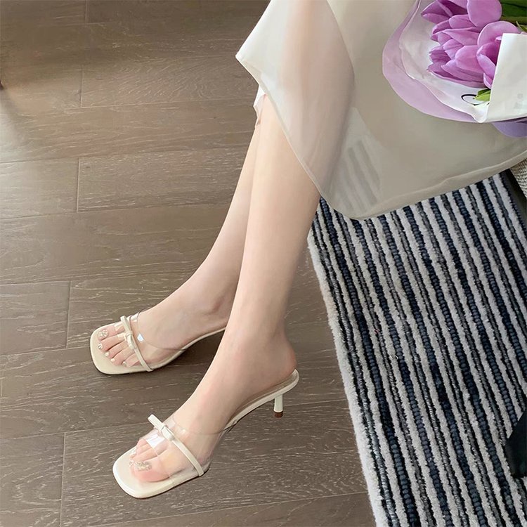 Dép Sandal Cao Gót Trong Suốt Mũi Vuông Thắt Nơ Thời Trang Mùa Hè Cho Nữ