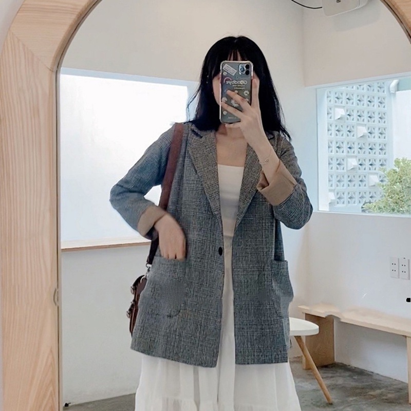 Áo blazer dạ nữ kẻ khoác ulzzang thu đông VNXK , Áo Vest nữ video ảnh thật