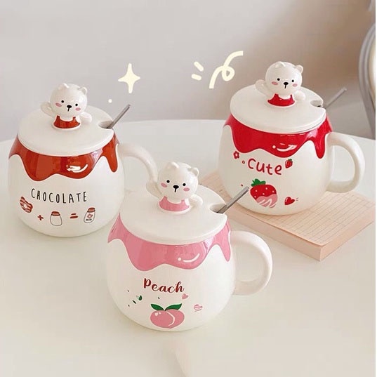 Cốc ly sứ trắng có nắp in hình 3D thỏ trắng gấu nâu dễ thương kèm thìa dung tích 500ml uống nước pha cà phê pha trà