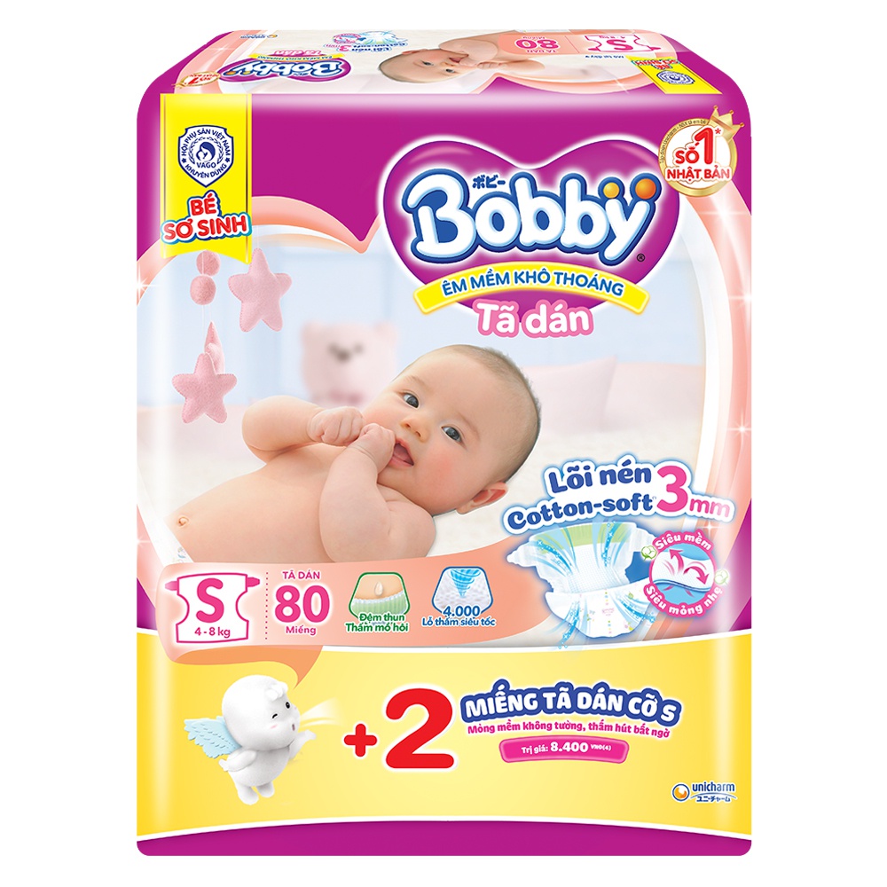 Bỉm tã dán Bobby siêu thấm - khô thoáng (S, 4-8kg, 80 miếng) + 2 miếng Tã dán Bobby cỡ S