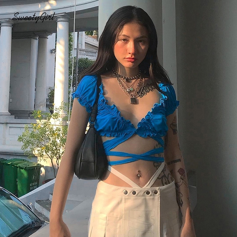 Áo Croptop Tay Ngắn Cổ Chữ V Khoét Sâu Gợi Cảm Cho Nữ | BigBuy360 - bigbuy360.vn
