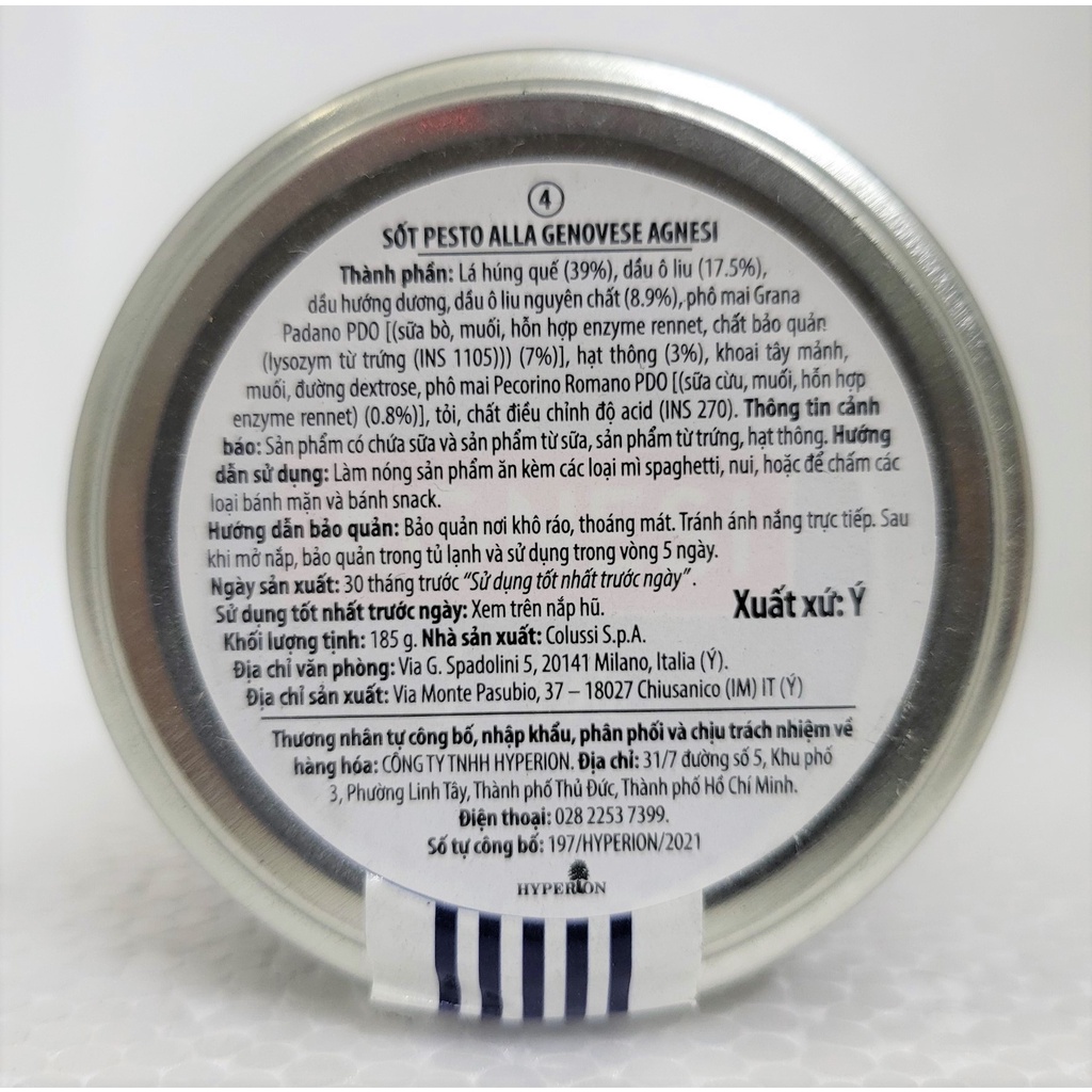 [Lọ 185g] XỐT LÁ HÙNG QUẾ [Italia] AGNESI Pesto Alla Genovese