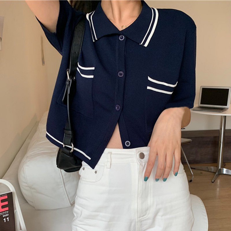 Áo Cardigan Dệt Kim Cổ Bẻ Phối Màu Tương Phản Kiểu Hàn Quốc Quyến Rũ Cho Nữ