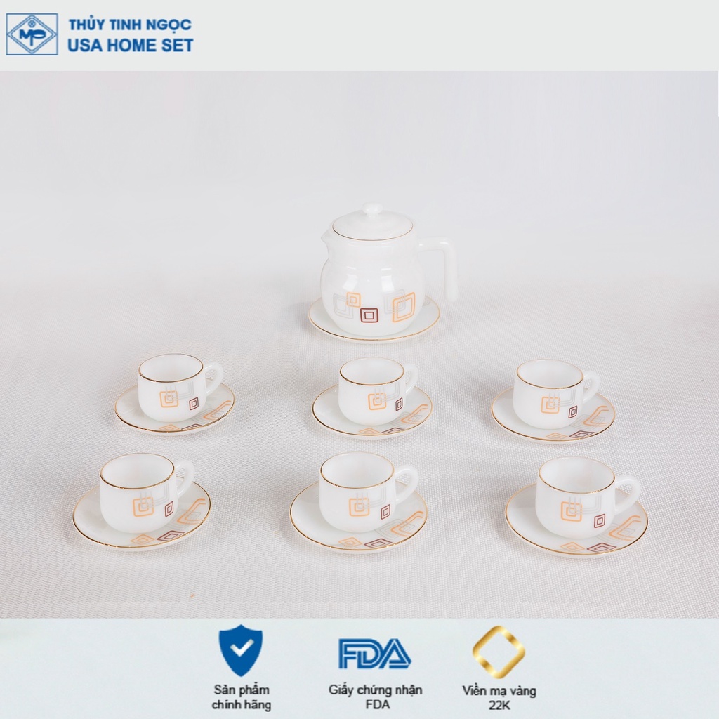 Bộ ấm tách trà viền vàng 22K họa tiết hoa mùa xuân thủy tinh ngọc USA Homeset cao cấp nhập khẩu chính hãng