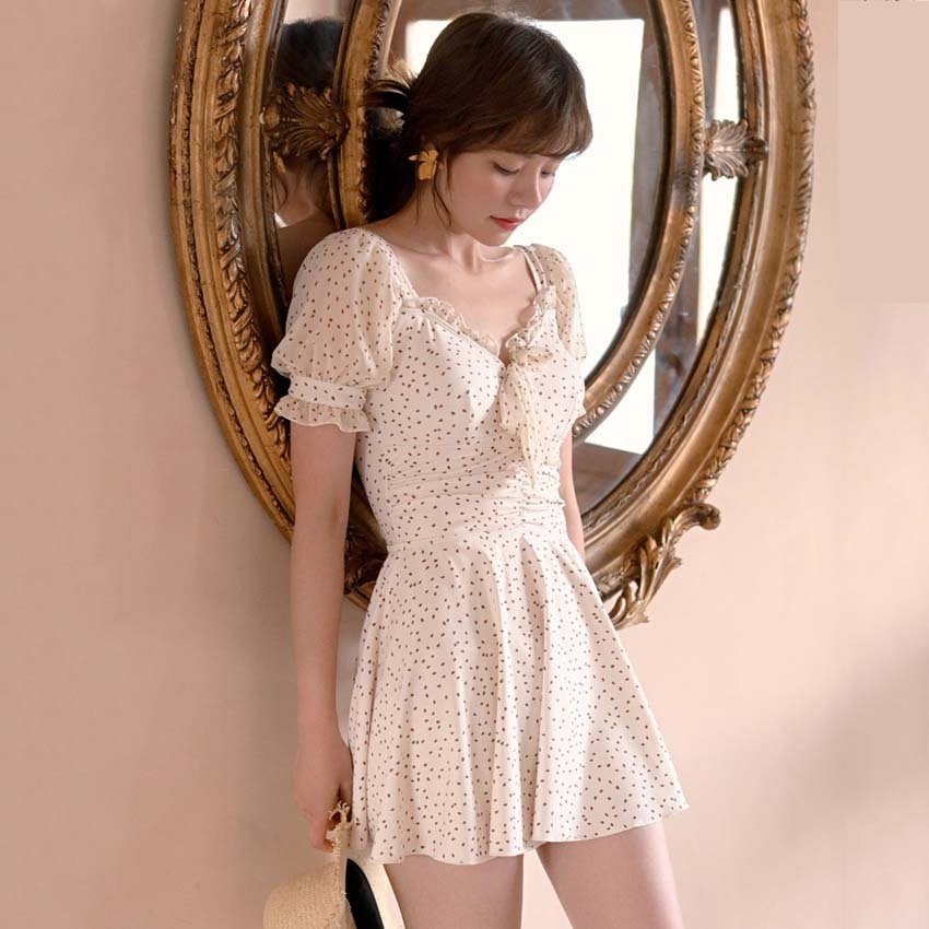 Váy Nữ Dáng Xòe, Đầm Nữ Họa Tiết Chấm Bi Lưng Dây Đan Thắt Eo Moda.H
