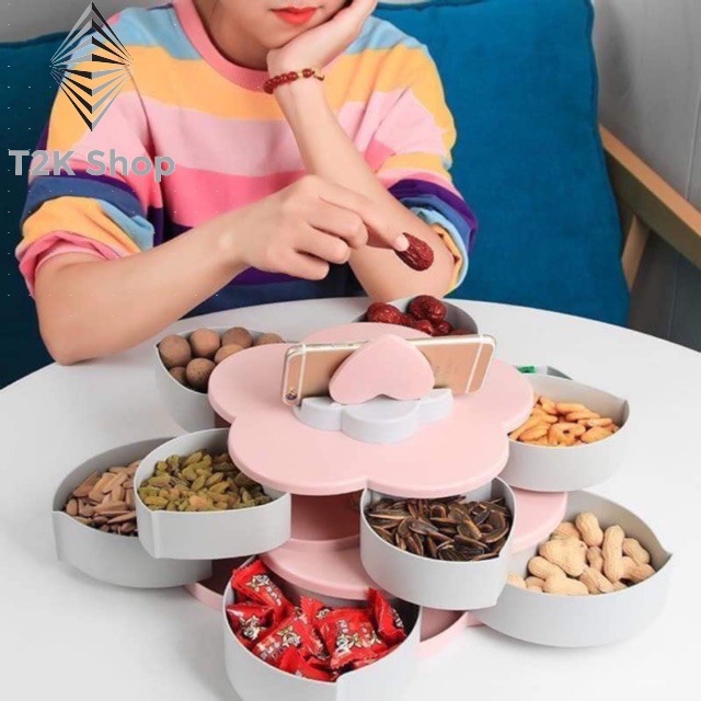 Khay đựng mứt tết - Hộp đựng mứt tết bánh kẹo 2 tầng xòe hình cánh hoa xoay 360 độ - T2K Shop