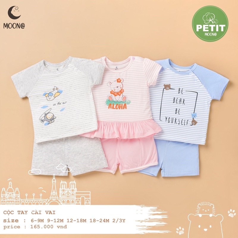 Bộ cộc tay cài vai Moon@ vải petit cho bé trai/bé gái