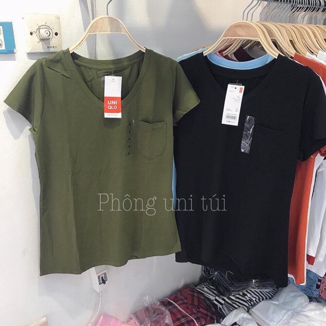 YY - Áo phông nữ cổ tim đáp túi nhiều màu