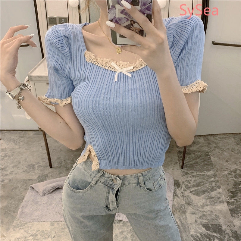 Áo nữ tay ngắn phối ren phong cách thời trang mùa hè dành cho nữ