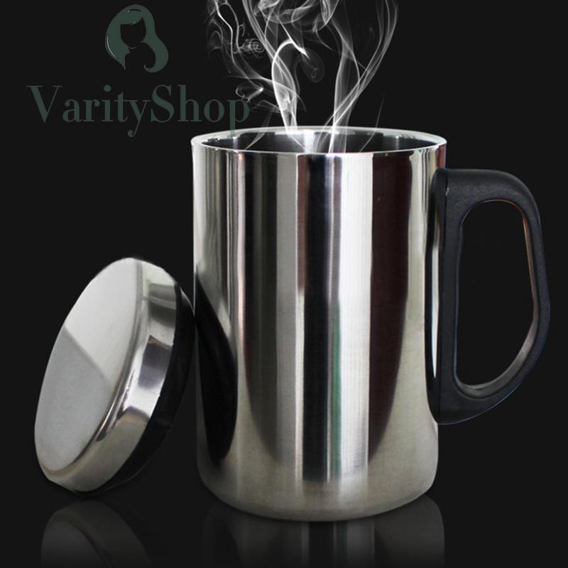 Cốc đựng café 350/500ml bằng thép không gỉ có nắp đậy tay cầm cách nhiệt du lịch dã ngoại tiện dụng