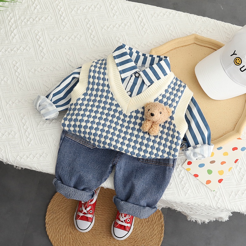 Set Áo Sơ Mi Tay Dài Kẻ Sọc Dọc + Áo Khoác + Quần Denim Dễ Thương Phong Cách Hàn Quốc Cho Bé Trai / Gái 80-120cm