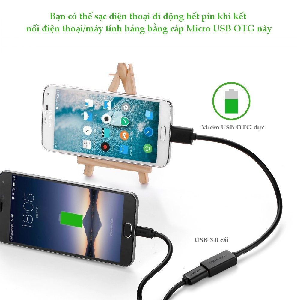 Dây Micro USB 3.0 OTG sang USB 3.0 dạng dẹt dài 20CM UGREEN US127 10801 (đen)