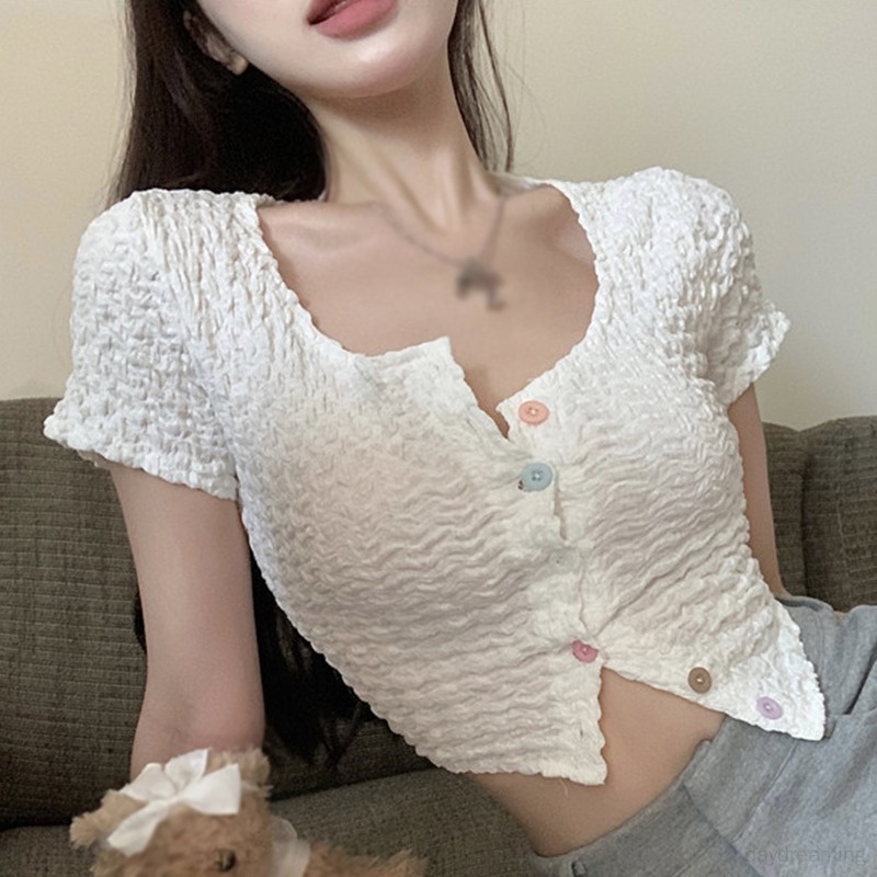 Áo Croptop Cổ Vuông Tay Ngắn Màu Sắc Đơn Giản Phong Cách Hàn Quốc Cho Nữ