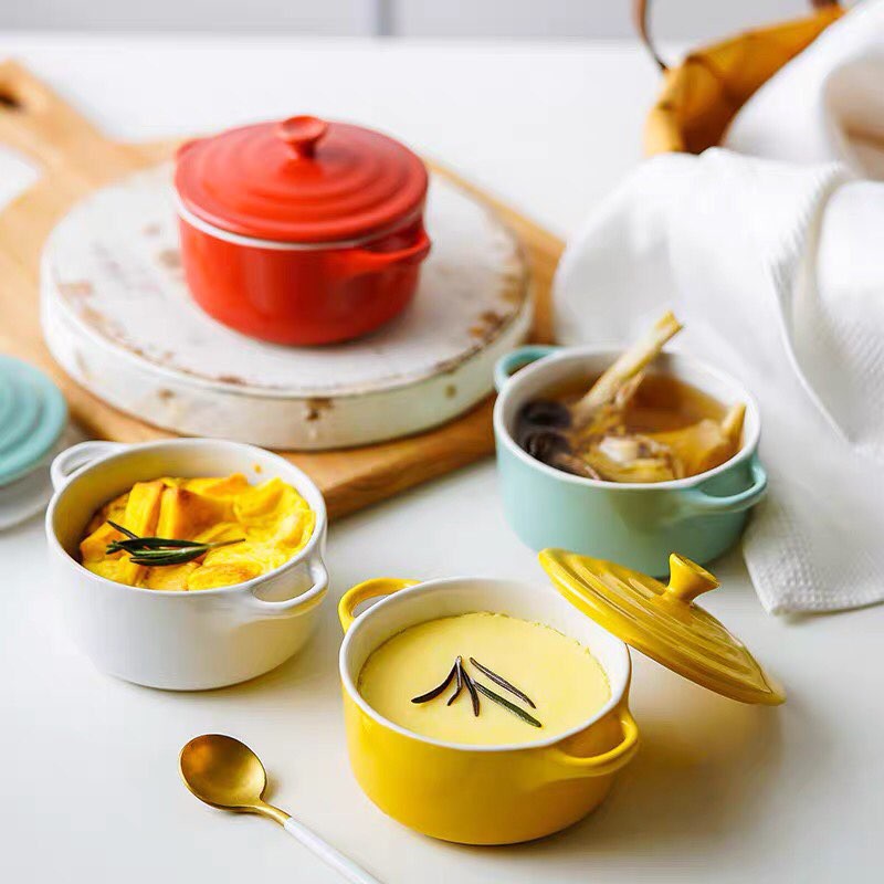 Bát sứ ăn dặm hình tròn 2 tai có nắp - Nhiều màu