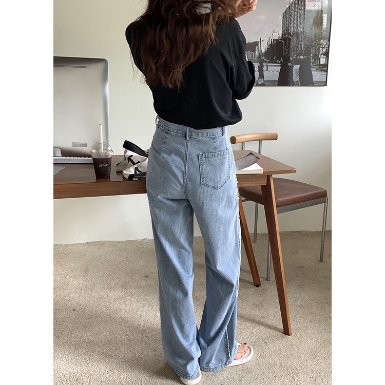 Quần Jean nữ Thiết kế Ống rộng Lưng cao Cá tính Dáng suông Retro Thời trang Quần bò nữ Vintage Cạp cao