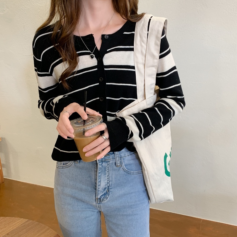 Áo cardigan ZHELIHANGFEI dệt kim tay dài dáng rộng lưng cao kẻ sọc thời trang tùy chọn màu sắc