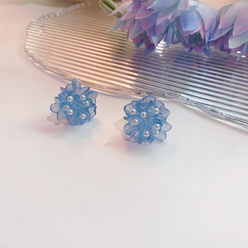 Bông Tai Mạ Bạc 925 Hình Hoa Trà Đính Ngọc Trai Xanh Dương Trong Suốt Phong Cách Mới