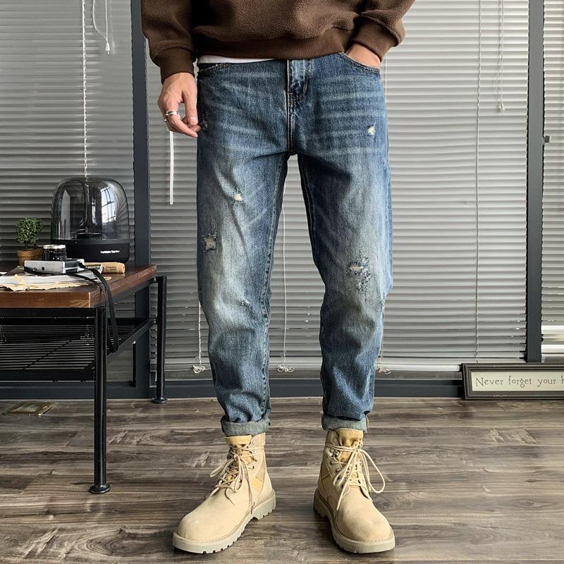 2020 autumn and winter new American hole jeans men's tide brand loose straight trousers trend slim skinny trousers