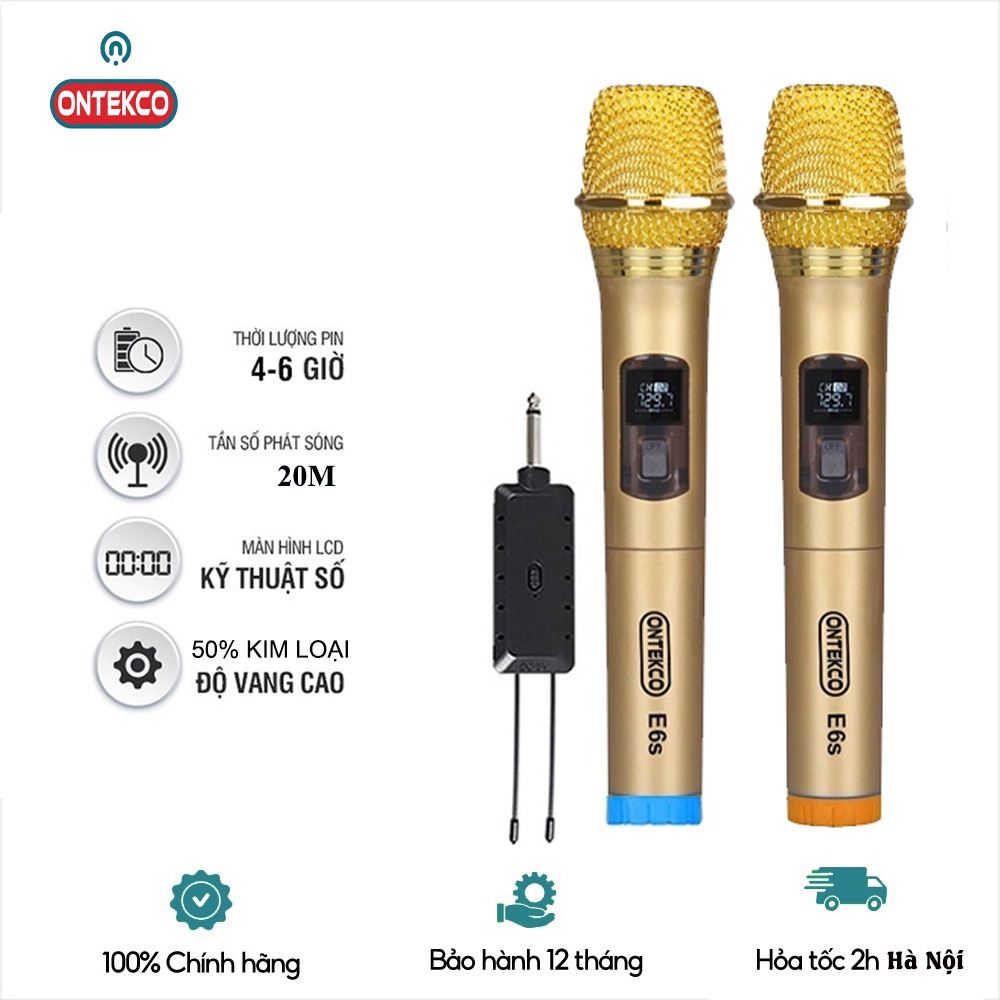 Bộ micro không dây ONTEKCO E6s màu vàng, hút âm mạnh, hát karaoke dùng cho mọi loa kéo, amply gia đình  Ontek đông anh