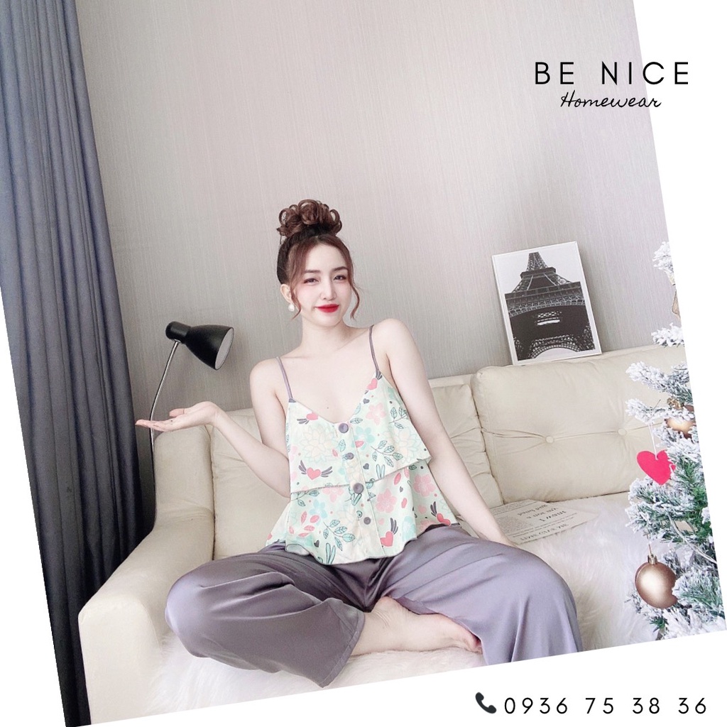Set lụa dây dài phối màu và họa tiết xinh xắn cho nàng nhà Be Nice Homewear