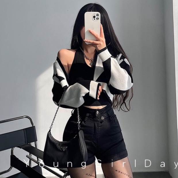 ihkke Áo khoác cardigan dệt kim tay dài dáng rộng màu sắc retro