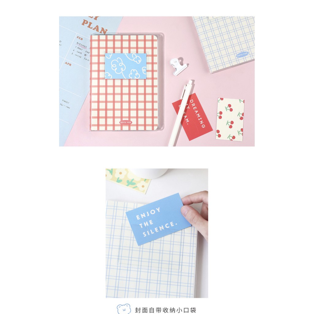 Sổ NOTE FOR ruột grid màu bản bìa caro kèm bìa nhựa trong và 4 postcards