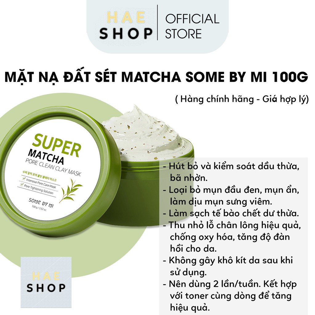 Mặt Nạ Đất Sét Trà Xanh Giúp Thu Nhỏ Lỗ Chân Lông, Loại Bỏ Mụn Đầu Đen Some By Mi Super Matcha  Pore Clean Clay Mask