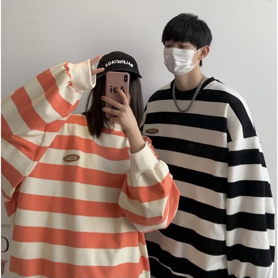 Size M-5XL Áo Sweater Cổ Tròn Dáng Rộng Họa Tiết Kẻ Sọc Màu Tương Phản Phong Cách Nhật Bản Thời Trang Cho Nam Và Nữ