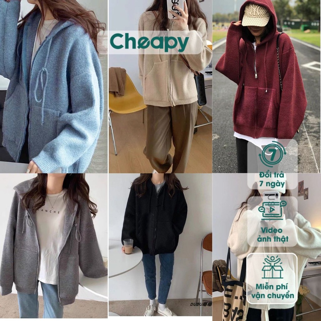 Áo khoác nỉ len tăm nam nữ trơn basic Cheapy đen xanh trắng be ghi đỏ freesize unisex phom rộng dáng hoddie zip C650