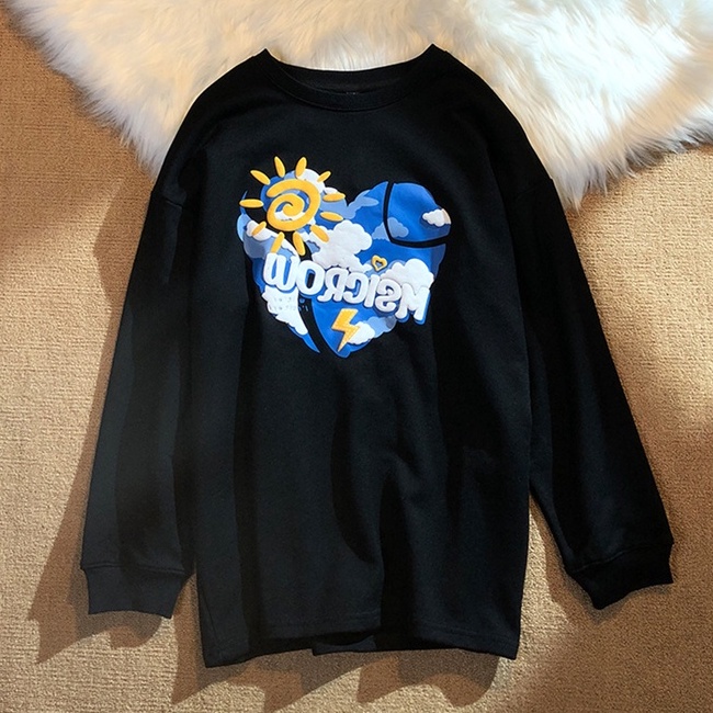 【ZHELIHANGFEI】Áo Thun Nỉ Tay Dài Dáng Rộng In Hình Trái Tim Dễ Phối Đồ