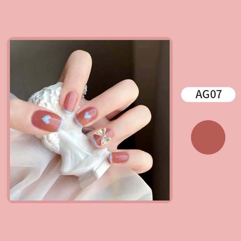 Set 24 móng tay giả khuôn vuông ngắn 3D đính charm đẹp xinh AT