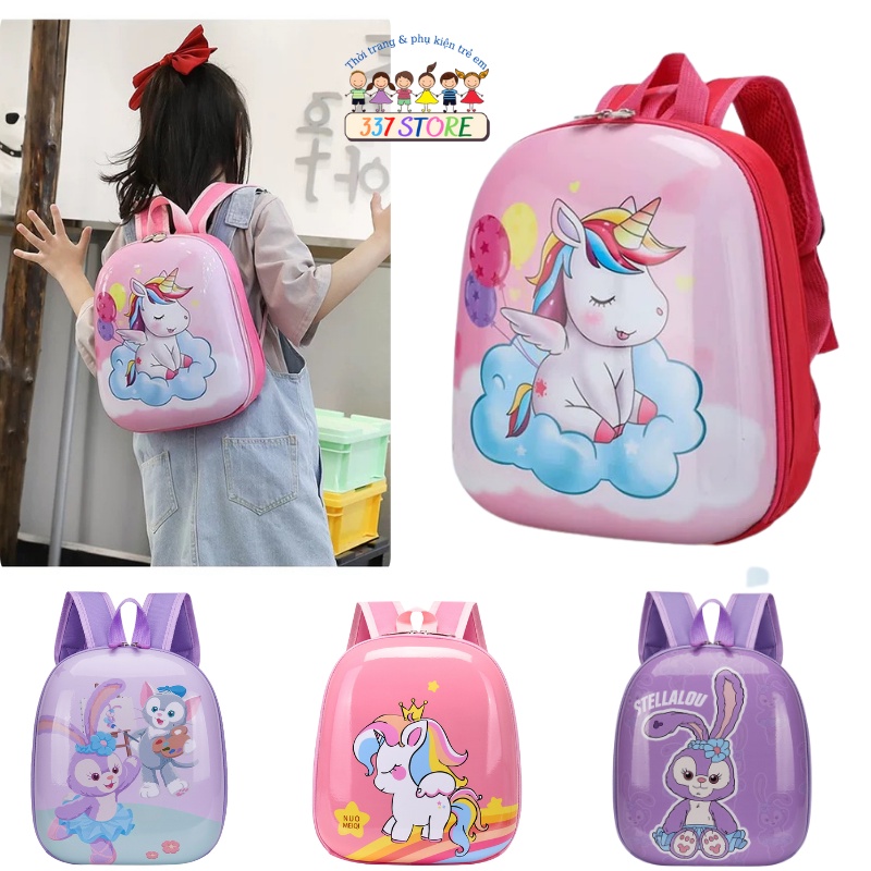 Balo đi học mẫu giáo mầm non, balo trứng chống nước cho bé trai bé gái Ngựa Pony, Thỏ tím 337 Store